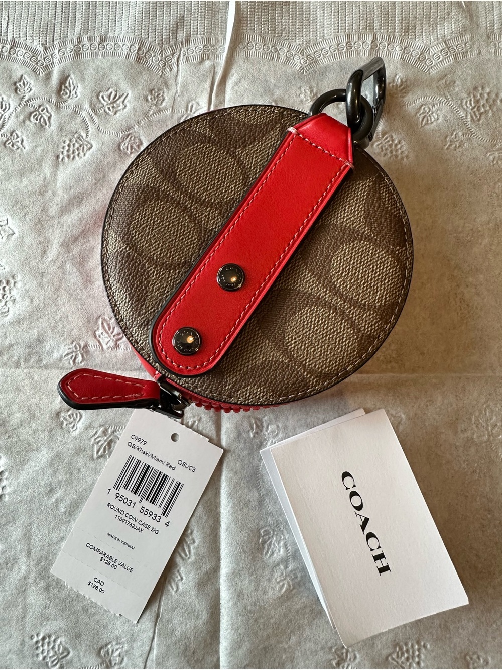 Coach Round Mini Coin Pouch in Brown with Red Trim - Picture 2 of 5